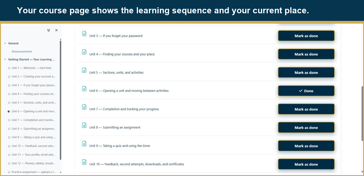 Course page showing the learning sequence and the learner's current place.