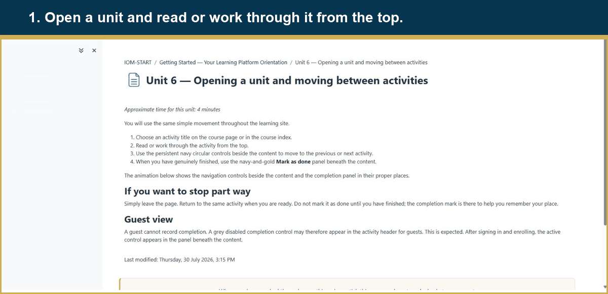 Animation showing a learner opening a unit, using the persistent navigation controls, and marking the page done beneath the content.
