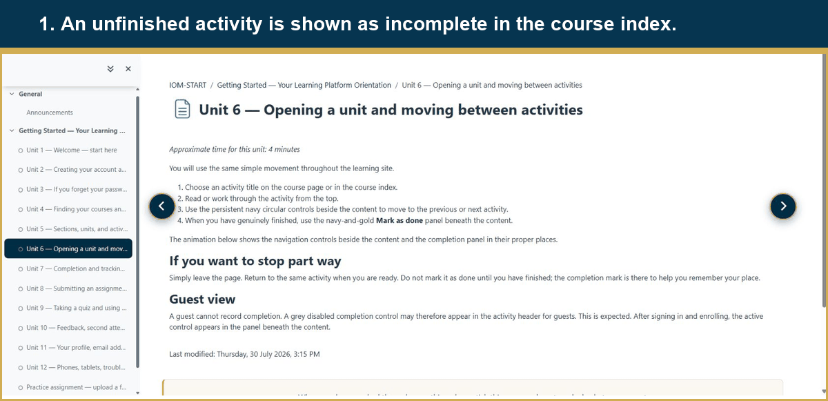 Animation showing an unfinished page, the page being marked done, and the updated course progress.