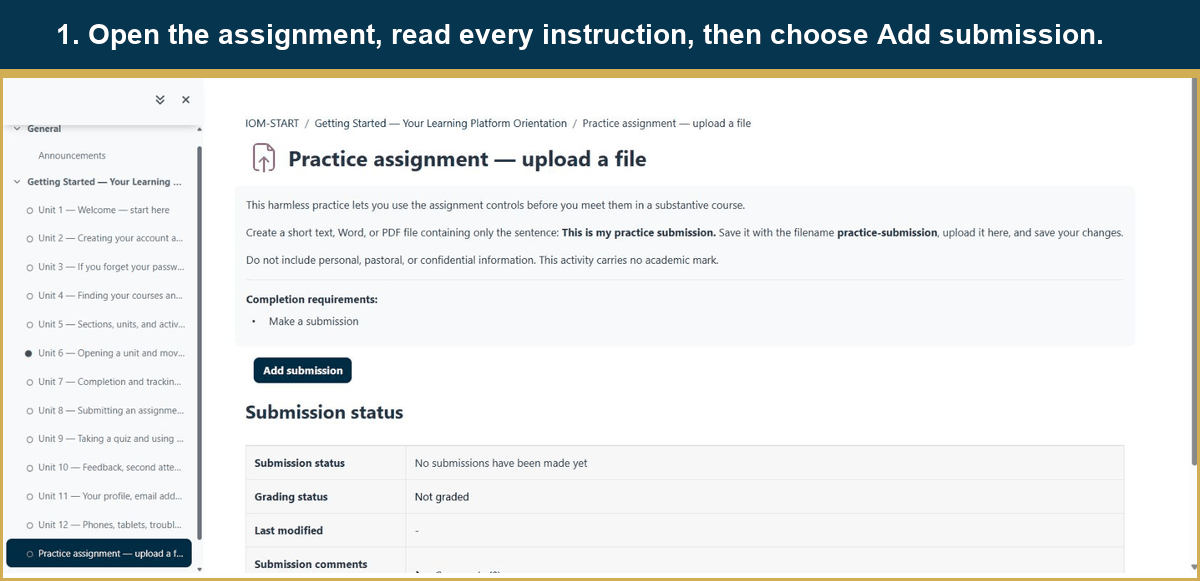 Animation showing how to open an assignment, add a file, save changes, and check the submission status.