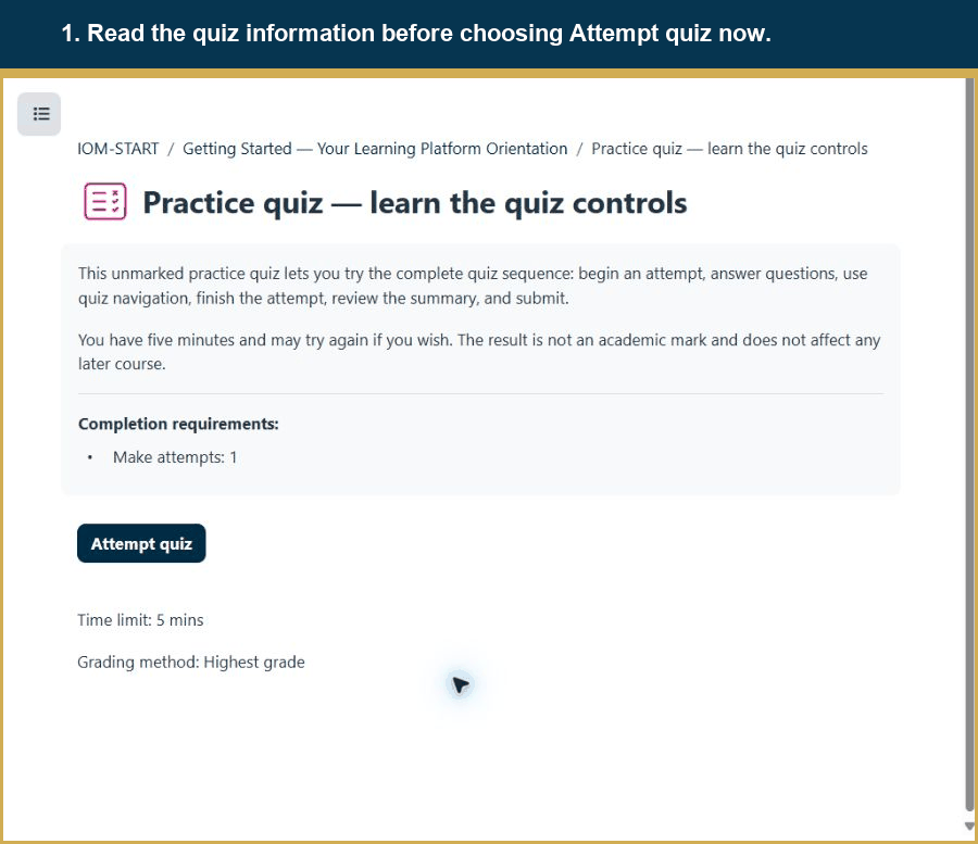 Animation showing how to begin a quiz, answer questions, use the timer and navigation, submit the attempt, and read the result.