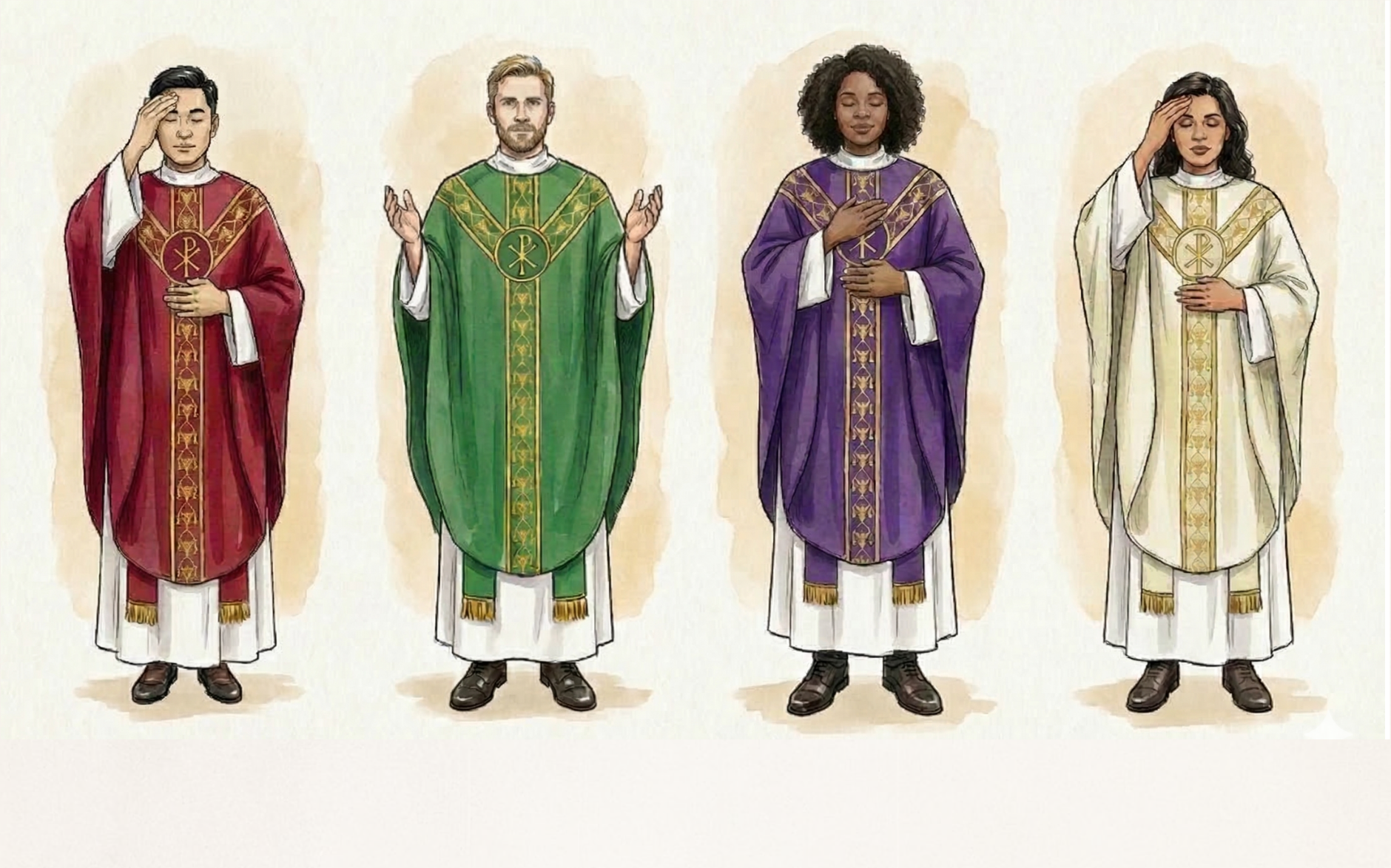 Priests in vestments - red, green, purple and white