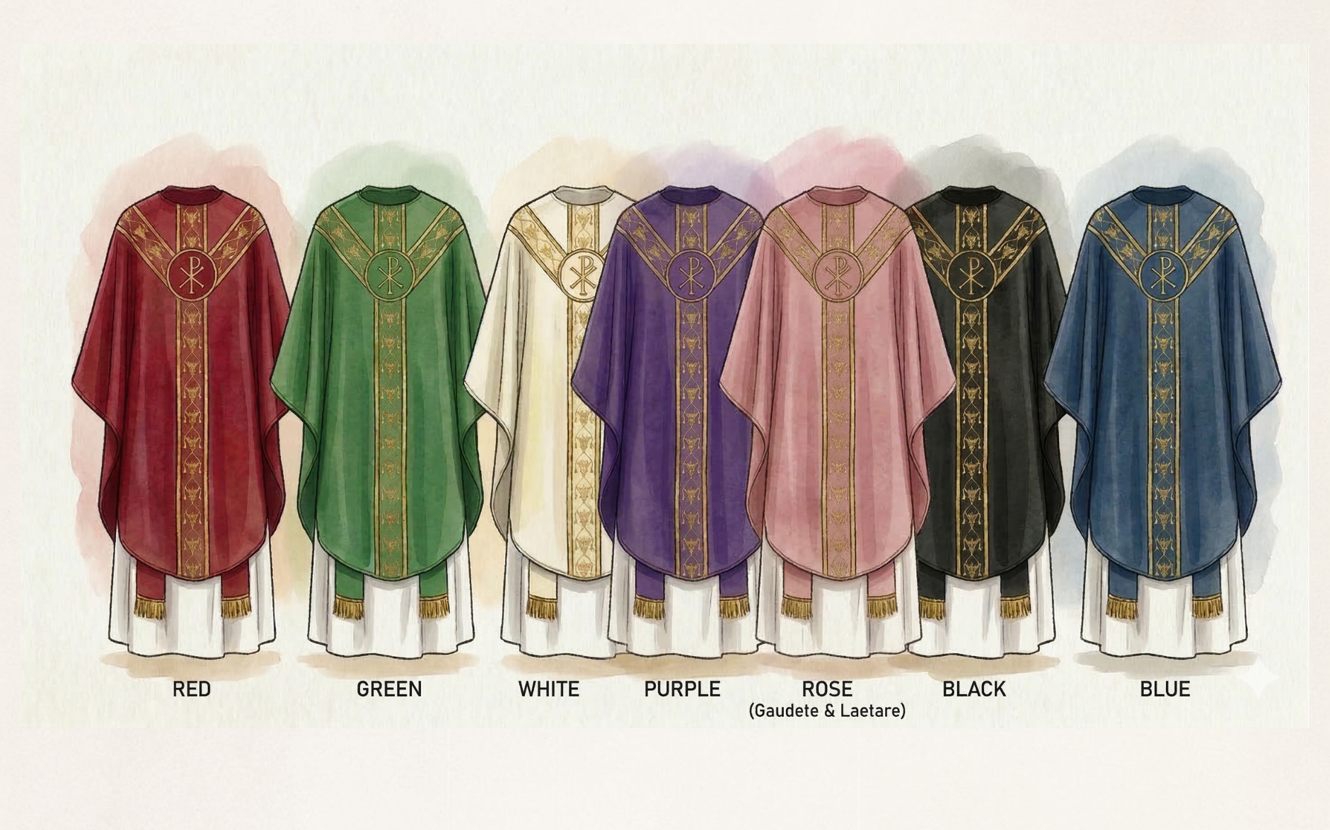 Different colour vestments - red, green, white, purple, rose, black and blue