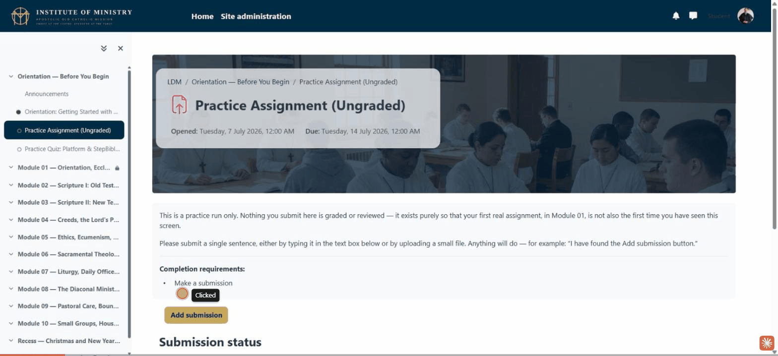 Animated recording showing a candidate submitting an assignment: clicking Add submission, entering online text, and clicking Save changes.