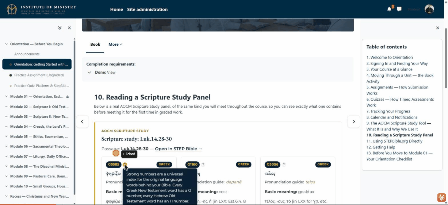 Animated recording showing the AOCM Scripture Study panel: clicking the "?" beside a Strong's number and opening an "Explore in STEP Bible" link.